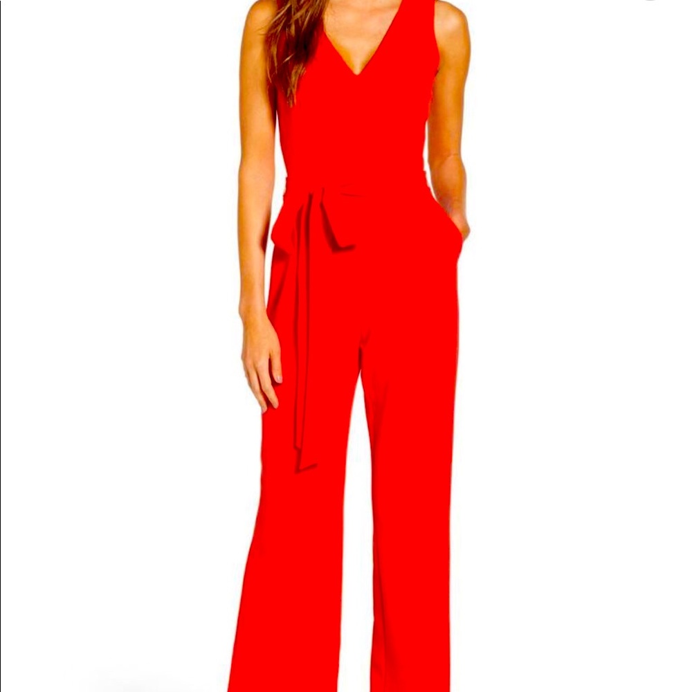 Poppy red tie waist jumpsuit 8
